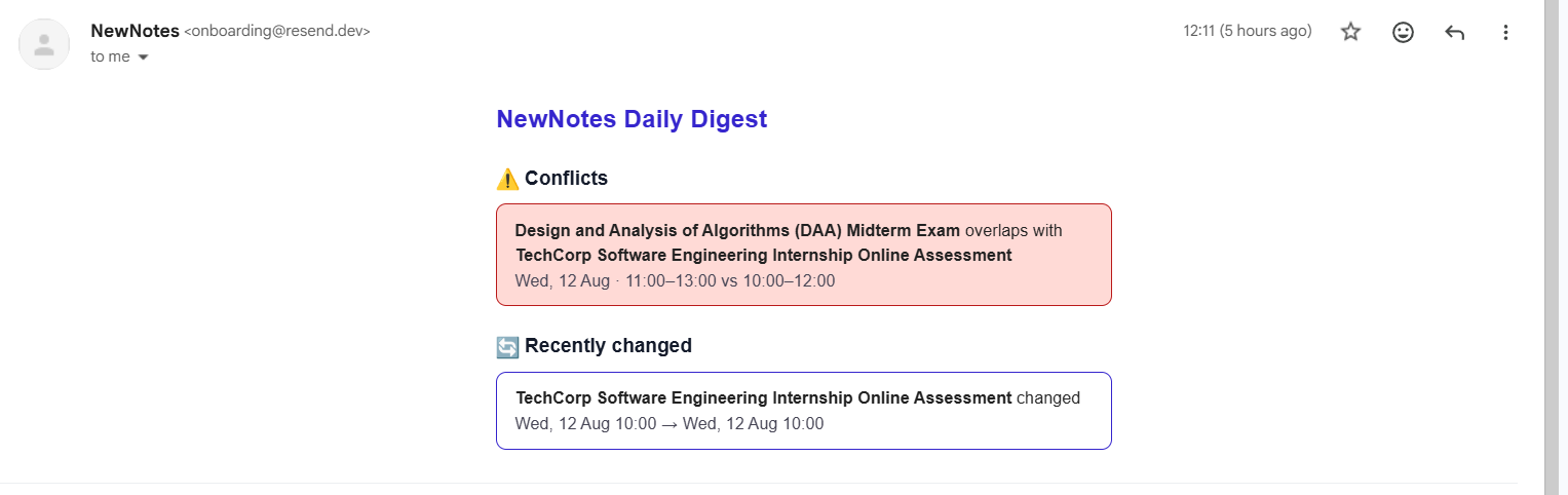 Example NewNotes daily digest email showing a Conflicts section and a Recently changed section
